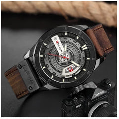 CURREN Men's Analog Watch Gun Metal Steel Case Silver Dial Brown Calendar Window Leather Strap - Brown