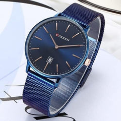 CURREN Mens Analog Watch Blue Stainless Steel Case Blue Dial Date Window Blue Stainless Steel Bracelet - Blue
