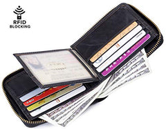 BULLCAPTAIN Mens Genuine Leather Zipper Wallet RFID Blocking Bifold Secure Zip Around Wallets Multi Credit Card Holder Purse (black)
