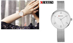 CURREN Ladies Analog Watch Silver Stainless Steel Case White Dial Silver Stainless Steel Bracelet