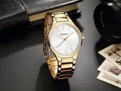 CURREN Mens Analog Watch Gold Stainless Steel Case Silver Dial Gold Stainless Steel Bracelet