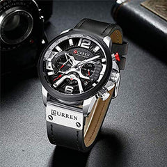 CURREN Watches Men Quartz Leather Chronograph Watch and Fashion Bracelet Set Analog Watches for Men Luxury Wristwatch Gifts for Dad Boyfriend, Silver, Quartz Watch,Chronograph - Black