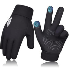 CLENEA Kids Winter Touch Screen Gloves, Waterproof Cold Weather Warm Running Sports Mittens, Full Finger Gloves, Splash Proof and Anti Slip, Skin Friendly, for Aged 8-10 Boy and Girl, Black