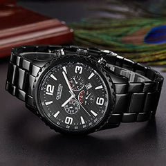 CURREN Men's Chrono Watch Black Stainless Steel Case White Dial 3 Subdial Date Window Black Stainless Steel Case - Black