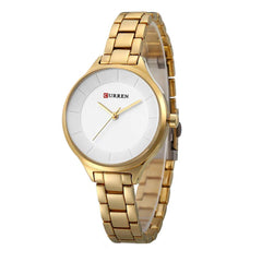 CURREN Elegant Design Women's Watch, Shiny Hands, Minimalist Dial with Adjustable Stainless Steel Band with Butterfly Clasp for Safety, Gold with White, M, Casual