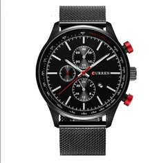 CURREN Men's Chrono Watch Black Stainless Steel Case Black Dial 3 Subdial Calendar Window Black Stainless Steel Bracelet