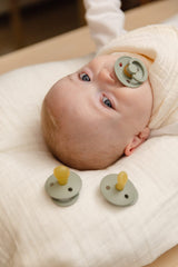BIBS Colour Baby Pacifier 2-Pack | Made in Denmark | BPA Free Dummy Soother, Round Natural Rubber Latex, Size 1 (0-6 Months), Sand/Pistachio