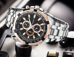CURREN Men's Chrono Watch Rose Gold Stainless Steel Case Black Bezel Black Dial 3 Subdials Stainless Steel Case - Silver