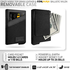 Fidelo Minimalist Wallet for Men - Slim Credit Card Holder RFID Mens Wallets with Magnetic Money Clip Removable Black Leather Case - Black