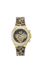 GUESS US Women's Gold-Tone and Animal Print Silicone Multifunction Watch