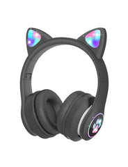 VuyKoo Kids Headphones with Microphone/RGB LED Light Up, Cat Ear Bluetooth Headphones 94dB Volume Limiting, Foldable Stereo Over-Ear Headphones for Kids Tablet/School/iPad/Smartphone (Black)