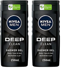 NIVEA MEN 3in1 Shower Gel Body Wash, Cleansing DEEP Micro-Fine Clay, Woody Scent, 250ml (Pack of 2)