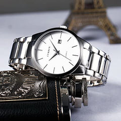CURREN Men's Analog Watch Stainless Steel Case White Dial Date Window Stainless Steel Bracelet - Silver