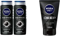 Nivea Men Active Clean Shower Gel 2X500ML & NIVEA MEN Face & Beard Wash Cleanser, DEEP Active Charcoal - 100ml