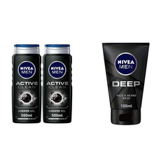 Nivea Men Active Clean Shower Gel 2X500ML & NIVEA MEN Face & Beard Wash Cleanser, DEEP Active Charcoal - 100ml