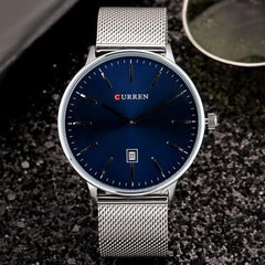 CURREN Mens Analog Watch Stainless Steel Case Blue Dial Date Window Silver Stainless Steel Bracelet