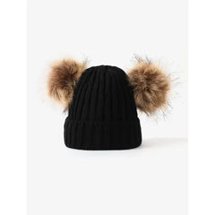 PATPAT Double Hairball Knitted Beanie Hats for Kid black