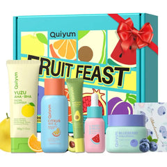 QUIYUM Fruit Skin Care Set for Women & Teens, Facial Skincare Routine Kit with Cleanser Serum Eye Cream Moisturizer Mask, Hydrating Glow Up Beauty Gift Set