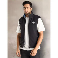 Plain Sleeveless Jacket with Pockets - Black