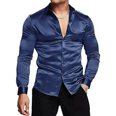 Mens Silk Shirts Long Sleeve-Luxury Shiny Silk Satin Party Dress Shirt Button Up Casual Muscle Fit for Men