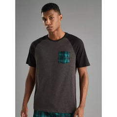 Checked Raglan Sleeves T-shirt and Shorts Set - Black