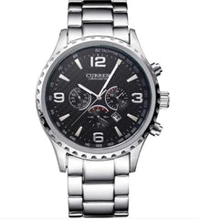 CURREN Men's Chrono Watch Black Stainless Steel Case Black Dial 3 Subdial Date Window Black Stainless Steel Case - Silver