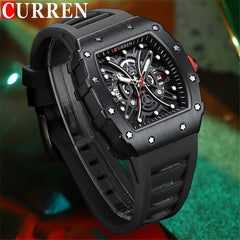 CURREN New Rectangular Luminous Watch Men Sports Casual Silicone Bracelet Semi Hollow Auto Date Dail Wristwatch 8438 - BLACK