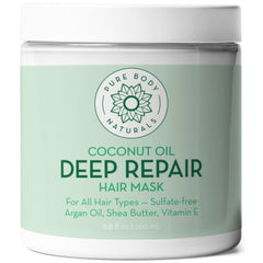 Coconut Oil Hair Mask, Deep Conditioning Hair Treatment for Dry Damaged and Color Treated Hair, Sulfate Free Hair Conditioner, Moisturizes, Repairs by Pure Body Naturals, 8.8 Fl. Oz (Label Varies)