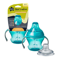 Tommee Tippee Transition Cup, Breast-Like Teat and Soft Silicone Spout, Removable Easy-Grip Handles, Leakproof Lid, 150ml, 4-7m+, Blue, 44708031, Bottle to Cup Transition, 1.0 Count, 1