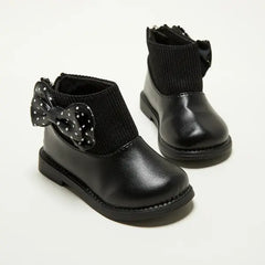 Patpat Toddler / Kids Polka Dots Bowknot Decor Back Zipper Knit Splicing Boots Black