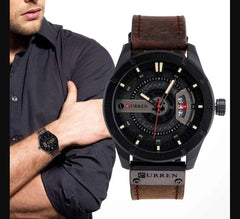 CURREN Men's Analog Watch Gun Metal Steel Case Black Dia Calendar Windowl Dark Brown Leather Strap
