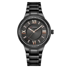 CURREN Ladies Analog Watch Black Stainless Steel Case Black Dial Black Stainless Steel Bracelet