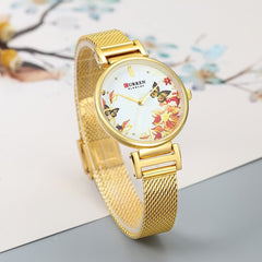 CURREN Ladies Analog Watch Gold Stainless Steel Case Floral Design Dial Gold Stainless Steel Bracelet