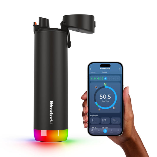 Hidrate Spark PRO Smart Water Bottle - Tracks Water Intake & Glows to Remind You to Stay Hydrated, Chug & Straw lid, 21oz (Black)