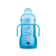 MAM Plastic Trainer Cup (1 Count), Trainer Drinking Cup with Extra-Soft Spout, Spill-Free, and Non-Slip Handles, for Boys 4+ Months, Eight Ounces, Designs May Vary