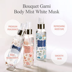 Bouquet Garni Body Mist White Musk - Vitamin E Long Lasting Deep Moisturizing Fragrance Body Spray for Women - Citrus Acid Removing Dead Skin Cells - Low Irritation with Safe Ingredients - 4.9 Fl Oz