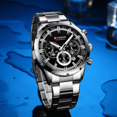 CURREN Mens Watch Sport Quartz Chronograph Wristwatches with Luminous Hands Fashion Stainless Steel Clock Date - Silver