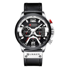 CURREN Watches Men Quartz Leather Chronograph Watch and Fashion Bracelet Set Analog Watches for Men Luxury Wristwatch Gifts for Dad Boyfriend, Silver, Quartz Watch,Chronograph - Black