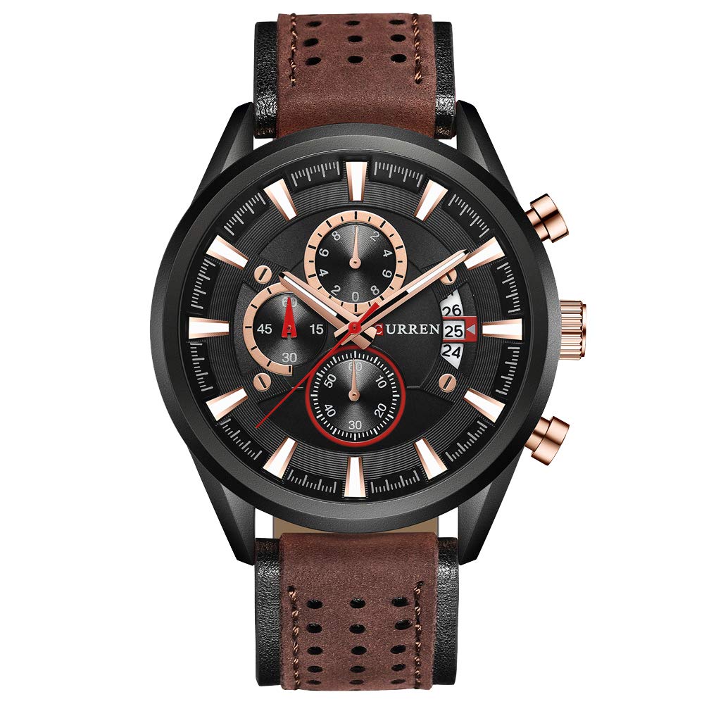 Curren 8290 Leather Round Analog-Chrono With Date Display Brown, Black