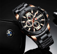 CURREN Men's Luxury Stainless Steel Watch Classic Casual Dress Military Watch Waterproof Chronograph Date Analog Quartz Watch Black