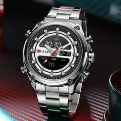CURREN - Men's Wristwatch - Electronic, Double Movement Quartz Lighted - Sporty and Modern Style - Gift for Birthday, Anniversary, Valentine's Day and Special Dates., Silver