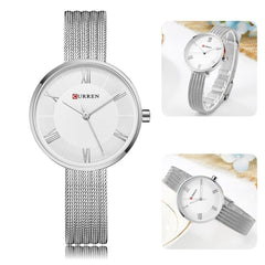 CURREN Ladies Analog Watch Silver Stainless Steel Case White Dial Silver Stainless Steel Bracelet