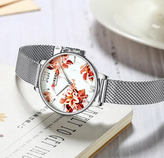 CURREN Ladies Analog Watch Stainless Steel Case Floral Design Dial Stainless Steel Bracelet - Silver