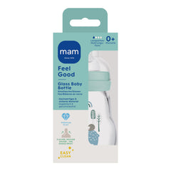 MAM Feel Good Glass Baby Bottle (170 ml), Milk Bottle with Wide Opening, Sturdy Baby Drinking Bottle with Teat Size 1, from Birth, Bear/Hedgehog
