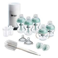 Tommee Tippee Advanced Anti-Colic Ready for Baby Bottle Set, 5oz and 9oz Self-Sterilizing Bottles, Slow and Medium Flow, 0-6 Month Pacifiers, Travel Bottle Warmer, Removable Bottle Handles