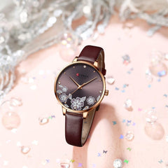 CURREN 9068 Brand Women Watch Fashion Flower Dial Quartz Ladies Leather Wristwatch Elegant Gift Lady Watche WITH ORIGNAL GIFT BOX - BROWN
