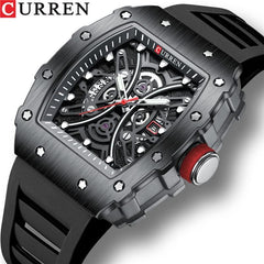 CURREN New Rectangular Luminous Watch Men Sports Casual Silicone Bracelet Semi Hollow Auto Date Dail Wristwatch 8438 - BLACK