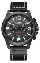 CURREN Black Chronograph Fashion Trend Multi-Function Waterproof Quartz Watch Leather Strap Military Watch (Black)