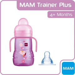 MAM Trainer+ 220ml, Baby Cup Suitable from 4+ Months, Trainer Cup for Independent Drinking, Spill-Free Toddler Cup, Pink (Designs May Vary)