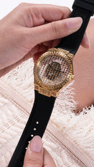 GUESS US Women's Clear Gold-Tone and Black Silicone Analog Watch